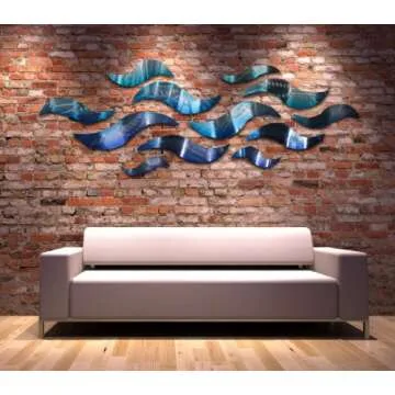 "Rip Tide" Modern Abstract Large Metal Wall Art Sculpture Metal Panels Blue Silver Painting Decor