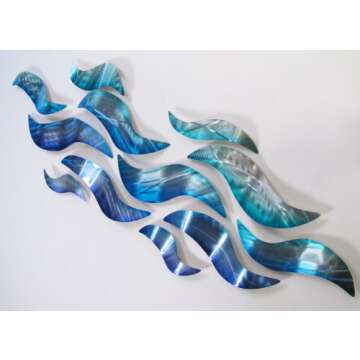 "Rip Tide" Modern Abstract Large Metal Wall Art Sculpture Metal Panels Blue Silver Painting Decor