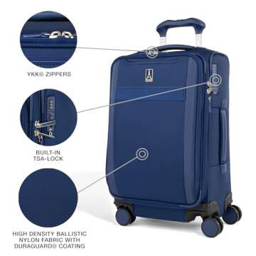 Travelpro VersaPack+ Lightweight Softside Expandable Carry on Luggage, 8 Spinner Suitcase, TSA Lock, Men and Women, Carry On 21-Inch, Estate Blue