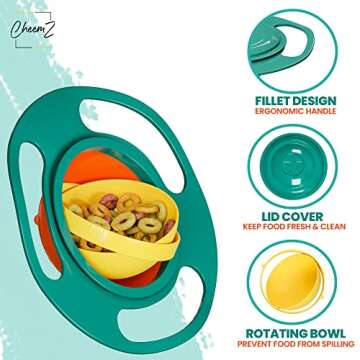 CheemZ Toddler Gyro Bowl - Baby Magic Bowl - 360 for Kids Age 1 to 3 Years - Spill-Resistant with Lid and 360° Rotations - Mess-Free Snack Bowls in Green, Compact Size: 17 x 17 x 7cm