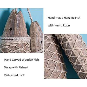 Antique Wood Fish Decor Ornament Wall Hanging Wooden Fish Decorations for Home Nautical Theme