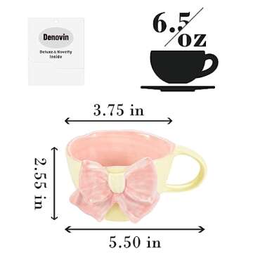 Denovin Ceramic Coffee Mug, Cappuccino Espresso Demitasse Cute Bowknot Cup, 6.5oz Perfect for Milk Tea Latte Oatmeal, Dishwasher and Microwave Safe (Pink)