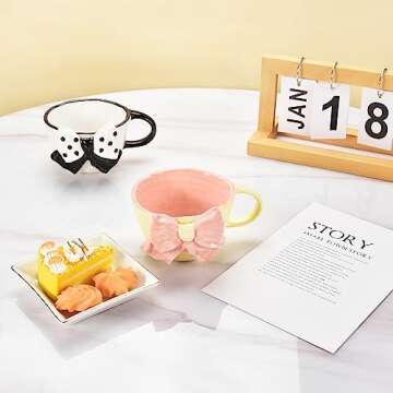 Denovin Ceramic Coffee Mug, Cappuccino Espresso Demitasse Cute Bowknot Cup, 6.5oz Perfect for Milk Tea Latte Oatmeal, Dishwasher and Microwave Safe (Pink)