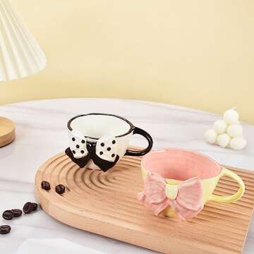 Denovin Ceramic Coffee Mug, Cappuccino Espresso Demitasse Cute Bowknot Cup, 6.5oz Perfect for Milk Tea Latte Oatmeal, Dishwasher and Microwave Safe (Pink)