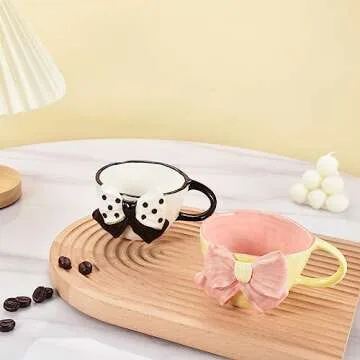 Denovin Ceramic Coffee Mug, Cappuccino Espresso Demitasse Cute Bowknot Cup, 6.5oz Perfect for Milk Tea Latte Oatmeal, Dishwasher and Microwave Safe (Pink)