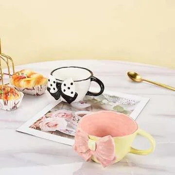 Denovin Ceramic Coffee Mug, Cappuccino Espresso Demitasse Cute Bowknot Cup, 6.5oz Perfect for Milk Tea Latte Oatmeal, Dishwasher and Microwave Safe (Pink)