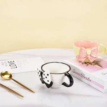 Denovin Ceramic Coffee Mug, Cappuccino Espresso Demitasse Cute Bowknot Cup, 6.5oz Perfect for Milk Tea Latte Oatmeal, Dishwasher and Microwave Safe (Pink)