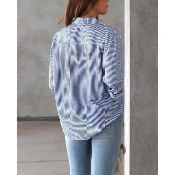 IBAOTORONI Women's Striped Button Down Shirts: Long Sleeve Office Casual Business Blouses with Pocke...