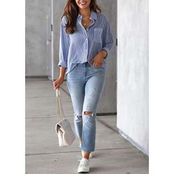 IBAOTORONI Women's Striped Button Down Shirts: Long Sleeve Office Casual Business Blouses with Pocket