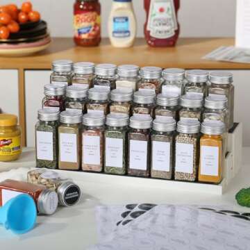 Skiileor 25 Pcs Spice Jars with Labels- Glass Spice Jars with Labels,Shaker Lids, Funnel, Chalk Pen, Brush，4oz Seasoning Containers Bottles for Spice Rack, Cabinet, Drawer