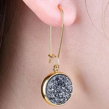 TUMBEELLUWA Titanium Coated Druzy Agate Dangle Earrings Stone Kidney Hook Drop Healing Crystal Earring Handmade Jewelry for Women,Black AB Aura