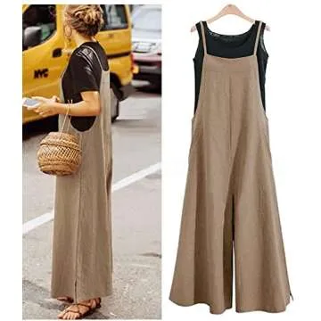 YESNO Women Casual Loose Long Bib Pants Wide Leg Jumpsuits Baggy Cotton Rompers Overalls with Pockets (M PZZTYP2 Camel)