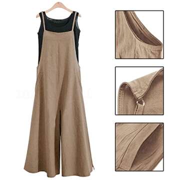 YESNO Women Casual Loose Long Bib Pants Wide Leg Jumpsuits Baggy Cotton Rompers Overalls with Pockets (M PZZTYP2 Camel)