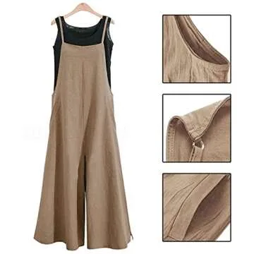 YESNO Women Casual Loose Long Bib Pants Wide Leg Jumpsuits Baggy Cotton Rompers Overalls with Pockets (M PZZTYP2 Camel)