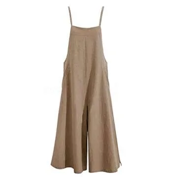 YESNO Women Casual Loose Long Bib Pants Wide Leg Jumpsuits Baggy Cotton Rompers Overalls with Pockets (M PZZTYP2 Camel)