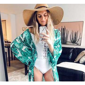 Soul Young Women's Floral Kimono Cardigan Swimsuit Beach Cover up with Open Front Dress Beachwear for Summer(XXL,Green Leaf)