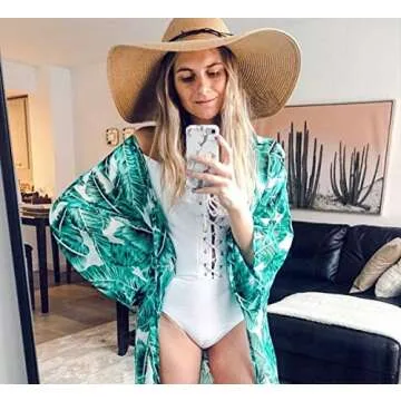 Soul Young Women's Floral Kimono Cardigan Swimsuit Beach Cover up with Open Front Dress Beachwear for Summer(XXL,Green Leaf)
