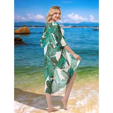 Soul Young Women's Floral Kimono Cardigan Swimsuit Beach Cover up with Open Front Dress Beachwear for Summer(XXL,Green Leaf)