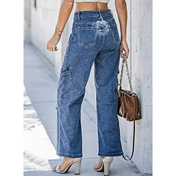 EVALESS Cargo Pants for Women 2024 Trendy High Waist Straight Leg Baggy Cargo Jeans Women's Casual Wide Leg Pants with 6 Pockets Sky Blue01 Size 10