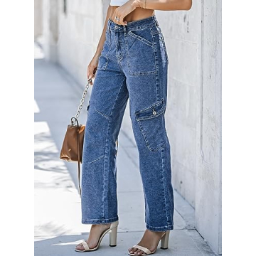 EVALESS Cargo Pants for Women 2024 Trendy High Waist Straight Leg Baggy Cargo Jeans Women's Casual Wide Leg Pants with 6 Pockets Sky Blue01 Size 10