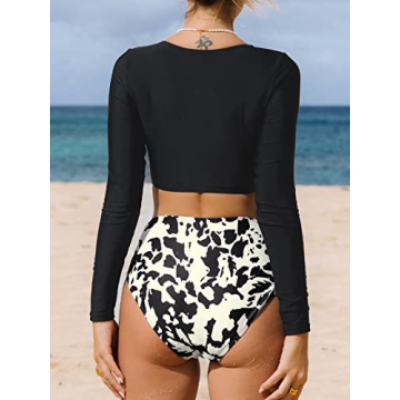 CUPSHE Bikini Sets for Women Two Piece Swimsuits Long Sleeve Cutout Front Cropped Top High Waisted Tummy Control Bottom, M