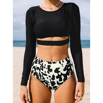 CUPSHE Bikini Sets for Women Two Piece Swimsuits Long Sleeve Cutout Front Cropped Top High Waisted Tummy Control Bottom, M