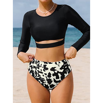 CUPSHE Bikini Sets for Women Two Piece Swimsuits Long Sleeve Cutout Front Cropped Top High Waisted Tummy Control Bottom, M