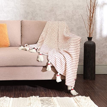 REDEARTH · Classic Throw Blanket -with Oversized Decorative Tassels Medium Weight Soft Lap Blanket for Sofa Bed Couch Chairs loveseats car, Living, Indoor/Outdoor use 100% Cotton (50x60; Burnt Red)