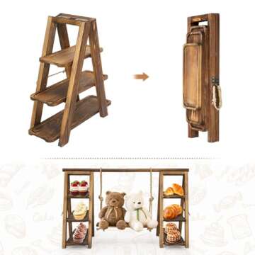 bimiti Wooden Double Dessert Table Display Set Rack - 3 Tier Serving Tray with A-line Design