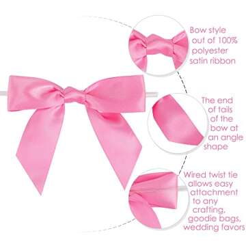AIMUDI Hot Pink Satin Ribbon Twist Tie Bows for Treat Bags 3.5" Premade Small Pink Bows for Crafts Cake Pops Premade Bows for Gift Wrapping Wedding Shower Mother's Day Party Favor - 50 Counts