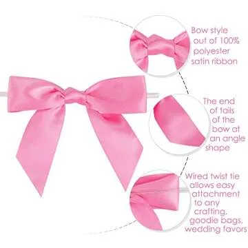 AIMUDI Hot Pink Satin Ribbon Twist Tie Bows for Treat Bags 3.5" Premade Small Pink Bows for Crafts Cake Pops Premade Bows for Gift Wrapping Wedding Shower Mother's Day Party Favor - 50 Counts