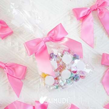 AIMUDI Hot Pink Satin Ribbon Twist Tie Bows for Treat Bags 3.5" Premade Small Pink Bows for Crafts Cake Pops Premade Bows for Gift Wrapping Wedding Shower Mother's Day Party Favor - 50 Counts