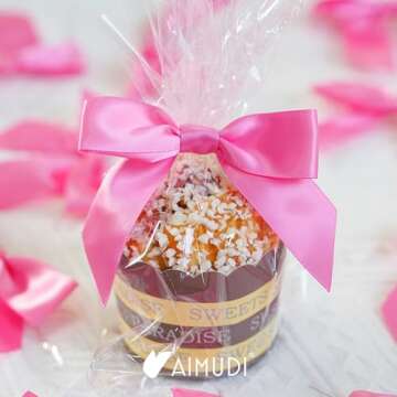 AIMUDI Hot Pink Satin Ribbon Twist Tie Bows for Treat Bags 3.5" Premade Small Pink Bows for Crafts Cake Pops Premade Bows for Gift Wrapping Wedding Shower Mother's Day Party Favor - 50 Counts