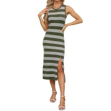 WIHOLL Sleeveless Midi Dress Summer Boat Neck Casual Beach Side Slit Striped Bodycon Dress for Women...