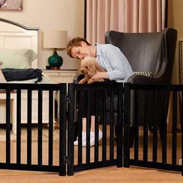 LZRS Solid Hardwood Freestanding Pet Gate,Wooden Dog Gates for Doorways,Nature Wood Dog Gates for The House,Dog Gate for Stairs,Freestanding Indoor Gate Safety Fence,Black,24" Height-3 Panels