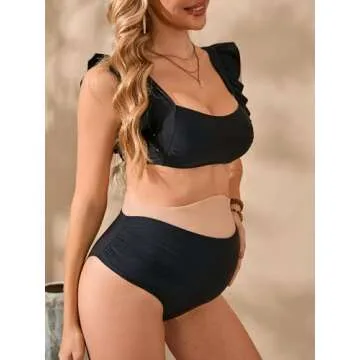 MakeMeChic Women's Maternity Swimsuit Two Piece Bikini Sets Ruffle Sleeve High Waisted Pregnancy Swimwear Black Small