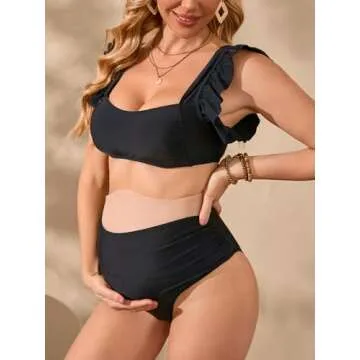 MakeMeChic Women's Maternity Swimsuit Two Piece Bikini Sets Ruffle Sleeve High Waisted Pregnancy Swimwear Black Small