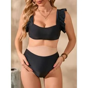 MakeMeChic Women's Maternity Swimsuit Two Piece Bikini Sets Ruffle Sleeve High Waisted Pregnancy Swimwear Black Small