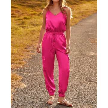 BTFBM Women's Casual Sleeveless Adjustable Spaghetti Strap Jumpsuits Summer One Piece Outfits Satin Long Pants Rompers(Solid Rose Red, X-Large)