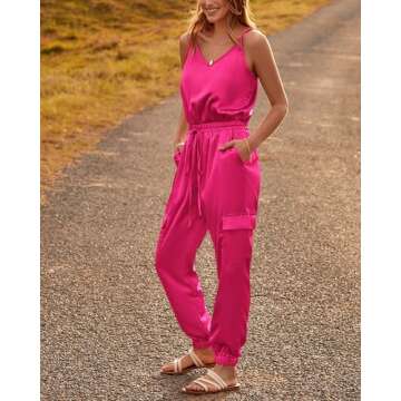 BTFBM Women's Casual Sleeveless Adjustable Spaghetti Strap Jumpsuits Summer One Piece Outfits Satin Long Pants Rompers(Solid Rose Red, X-Large)