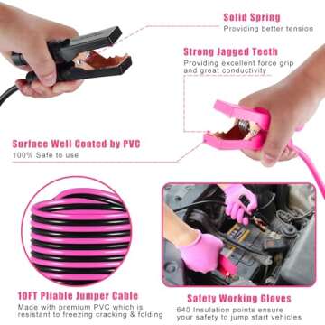BHLUUIYER Car Emergency Kit, Pink Roadside Emergency Car Kit with Jumper Cables, Tow Rope, Safety Hammer, Pink Car Accessories for Women