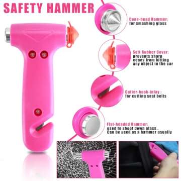 BHLUUIYER Car Emergency Kit, Pink Roadside Emergency Car Kit with Jumper Cables, Tow Rope, Safety Hammer, Pink Car Accessories for Women