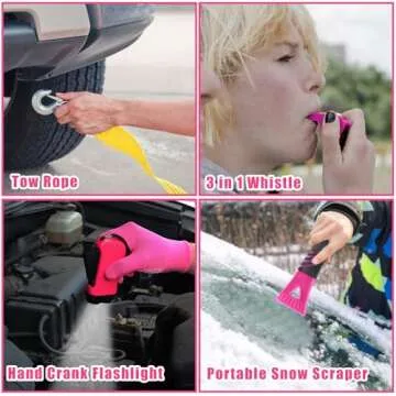 BHLUUIYER Car Emergency Kit, Pink Roadside Emergency Car Kit with Jumper Cables, Tow Rope, Safety Hammer, Pink Car Accessories for Women