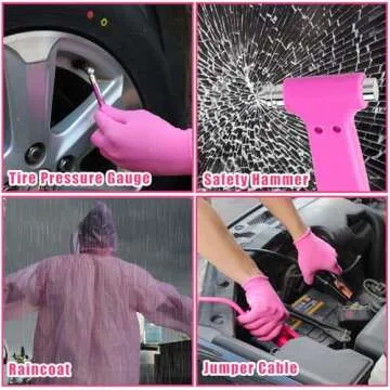 BHLUUIYER Car Emergency Kit, Pink Roadside Emergency Car Kit with Jumper Cables, Tow Rope, Safety Hammer, Pink Car Accessories for Women