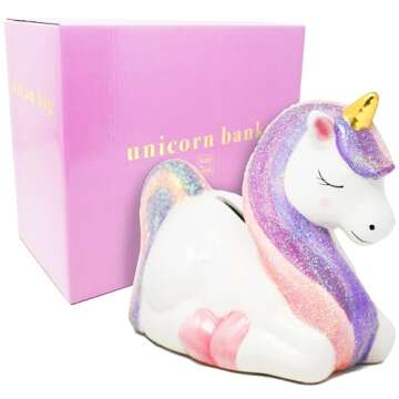 Hapinest Unicorn Ceramic Piggy Bank for Kids, Piggy Bank for Girls, Glittery Unicorn Piggy Bank for Girls Little Girl's Room, Cute Piggy Bank for Baby Showers Birthdays Special Occasions