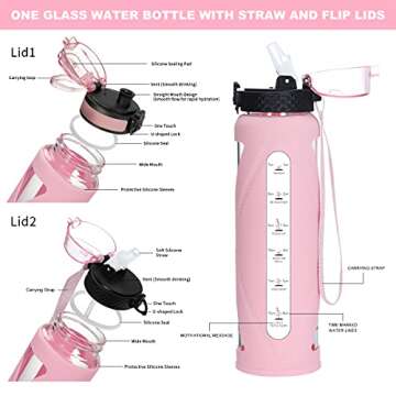 GOPPUS Glass Water Bottles with Straw and Flip Lid, Motivational Water Bottles with Time Marker Reminder and Silicone Sleeve, Leakproof, BPA Free (32 oz, Pink)