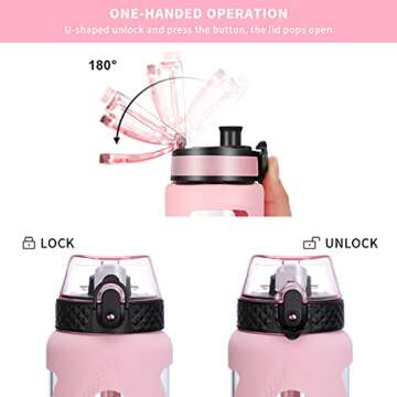 GOPPUS Glass Water Bottles with Straw and Flip Lid, Motivational Water Bottles with Time Marker Reminder and Silicone Sleeve, Leakproof, BPA Free (32 oz, Pink)