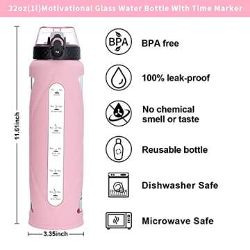 GOPPUS Glass Water Bottles with Straw and Flip Lid, Motivational Water Bottles with Time Marker Reminder and Silicone Sleeve, Leakproof, BPA Free (32 oz, Pink)