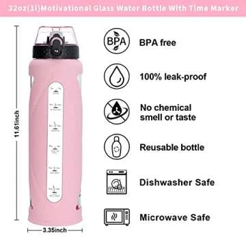 GOPPUS Glass Water Bottles with Straw and Flip Lid, Motivational Water Bottles with Time Marker Reminder and Silicone Sleeve, Leakproof, BPA Free (32 oz, Pink)