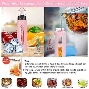 GOPPUS Glass Water Bottles with Straw and Flip Lid, Motivational Water Bottles with Time Marker Reminder and Silicone Sleeve, Leakproof, BPA Free (32 oz, Pink)